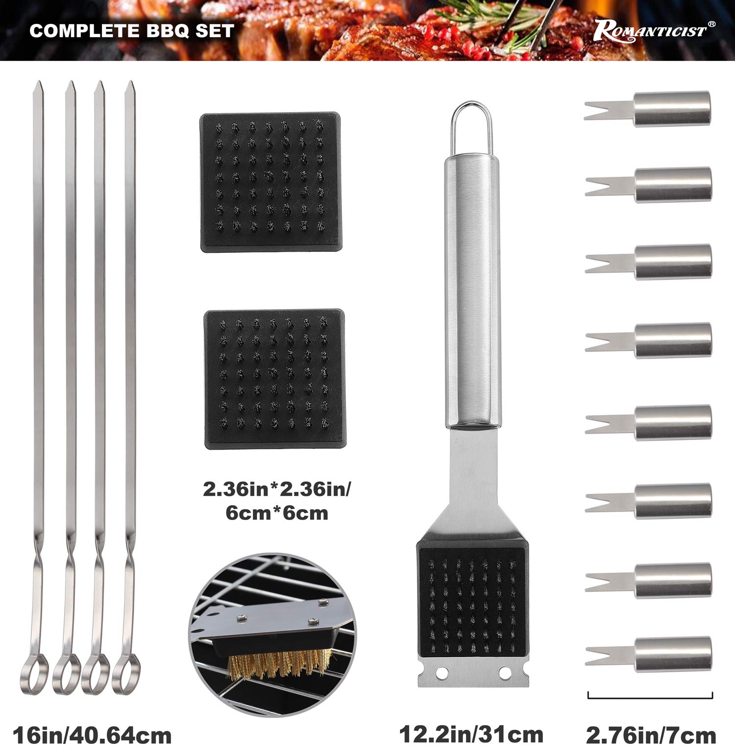 Romanticist 23Pc Must-Have Bbq Grill Accessories Set With Thermometer In Case - Stainless Steel Barbecue Tool Set With 2 Grill M